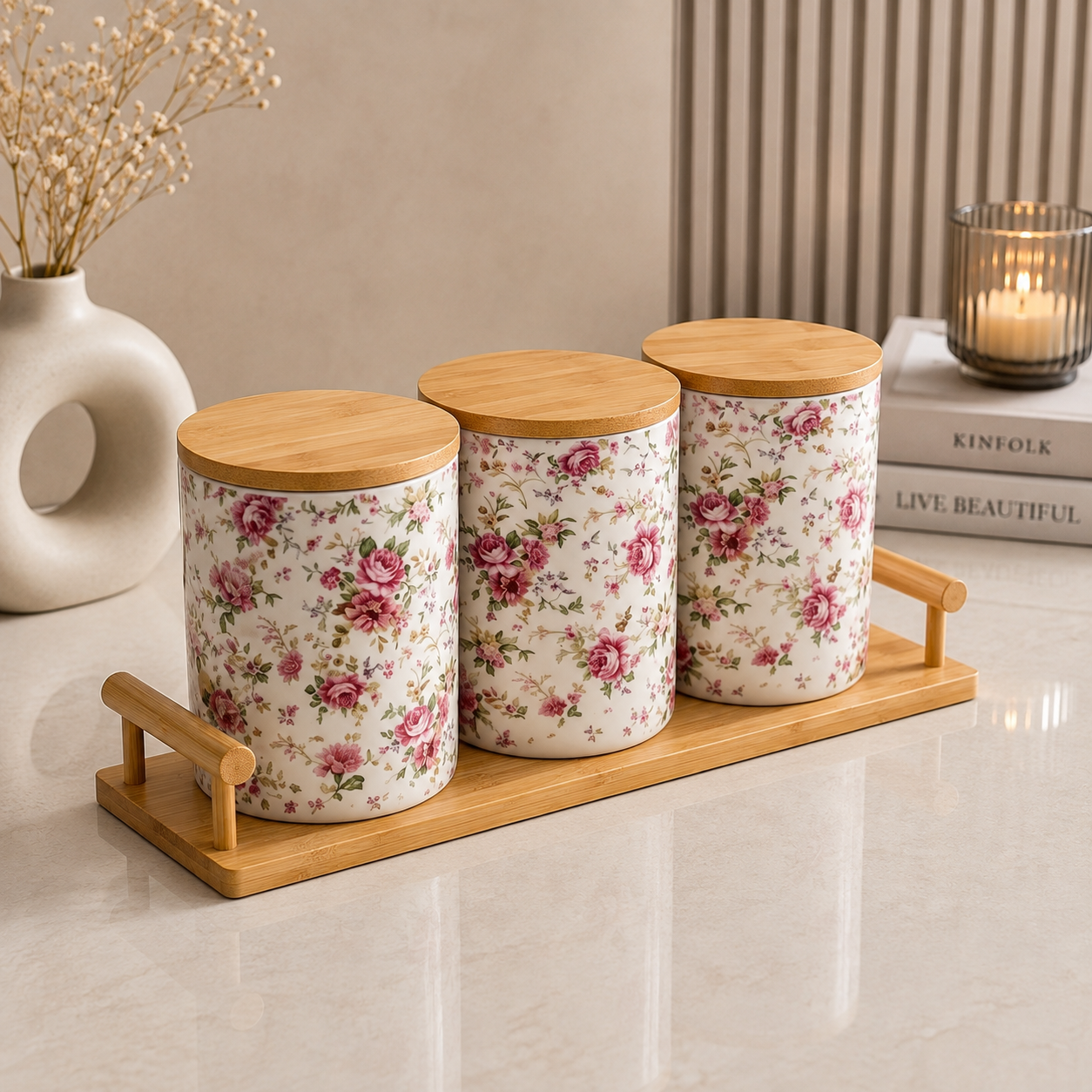 3 Pcs Floral Ceramic Canister Set with Bamboo Tray