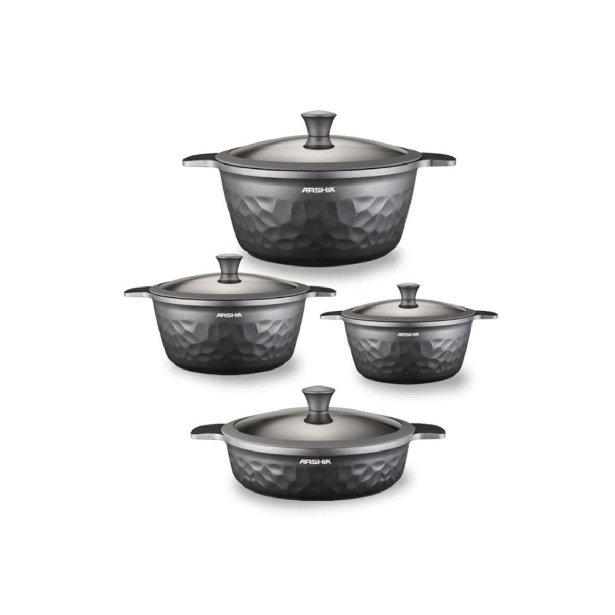 ARSHIA PREMIUM DIE-CASTED ALUMINIUM 8PCS COOKWARE SET SILICON GLASS LID SILVER