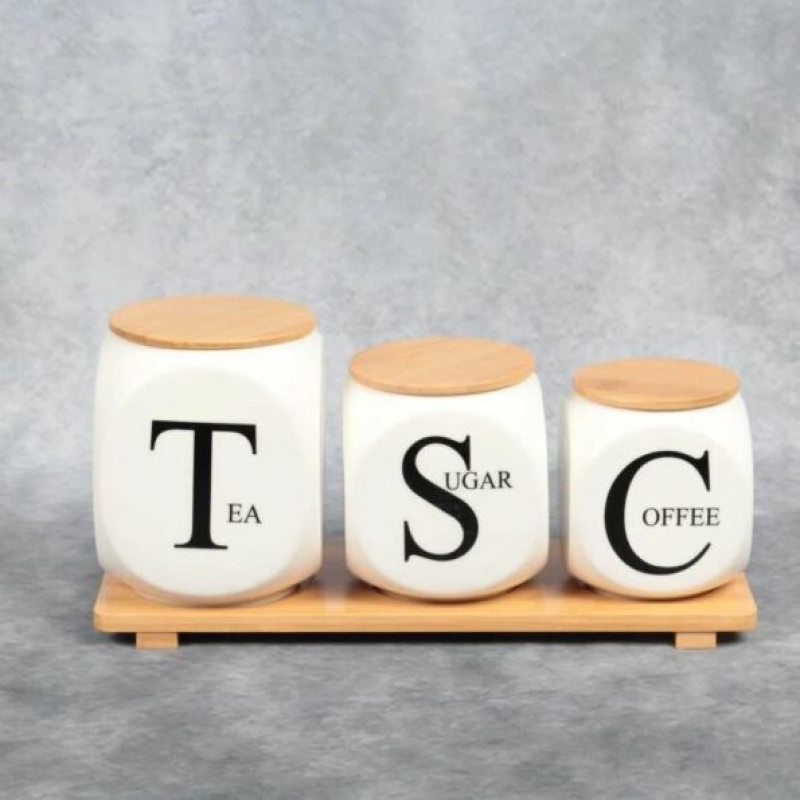 Modern Ceramic Jar Set With Bamboo Stand – Tea, Sugar & Coffee Containers