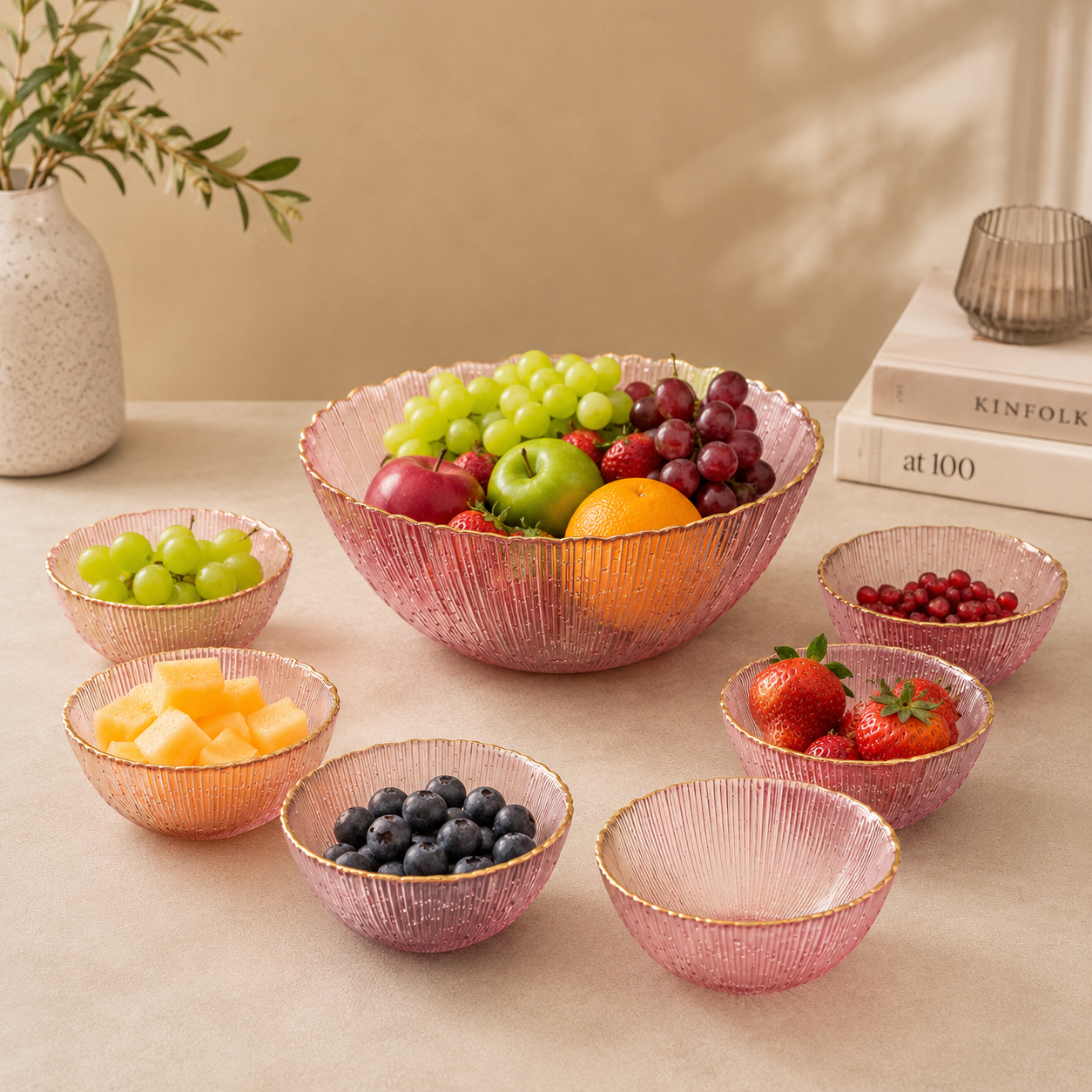 7 Pcs Pink Ribbed Glass Fruit & Serving Bowl Set