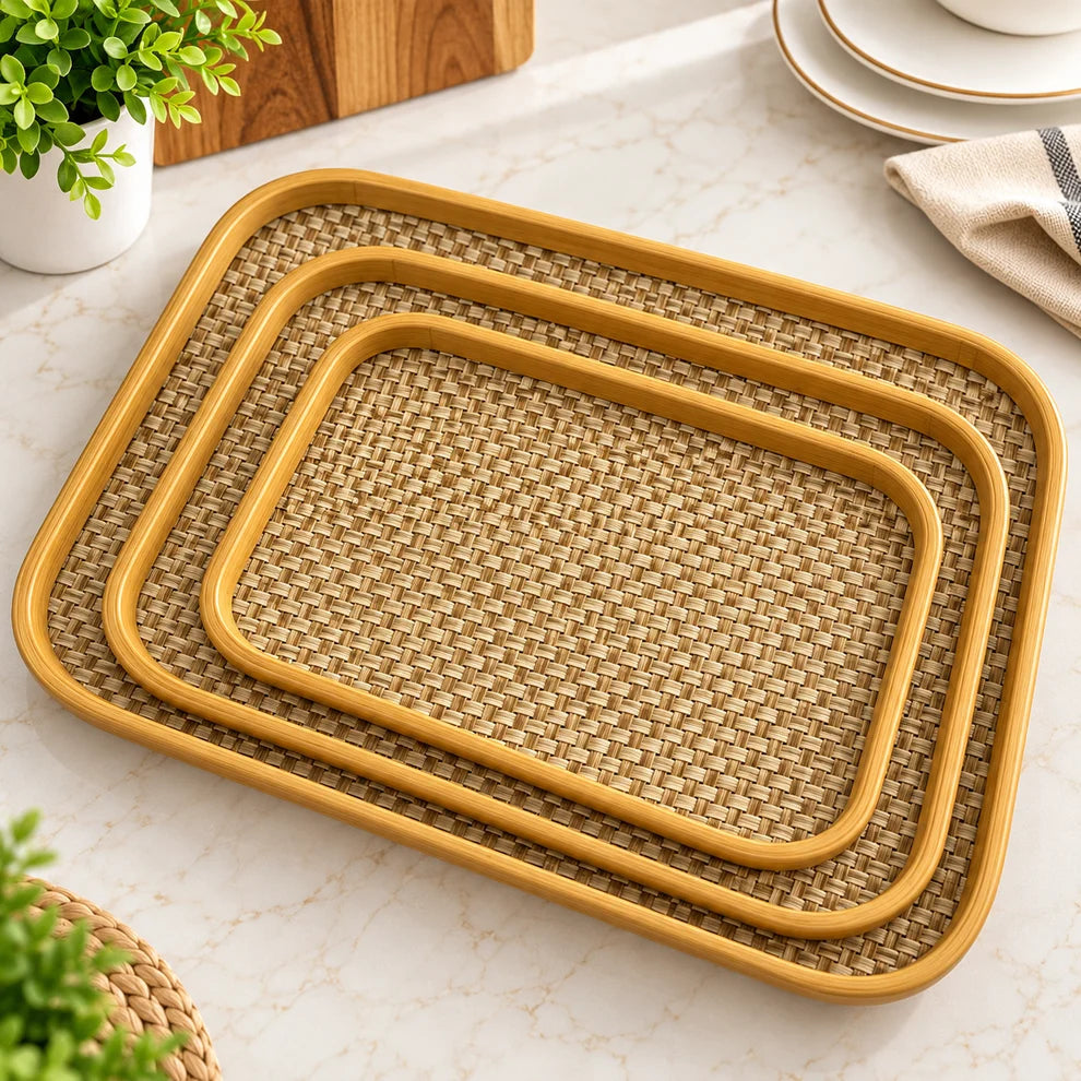 3Pcs Woven Rattan Style Serving Tray Set – Natural Brown