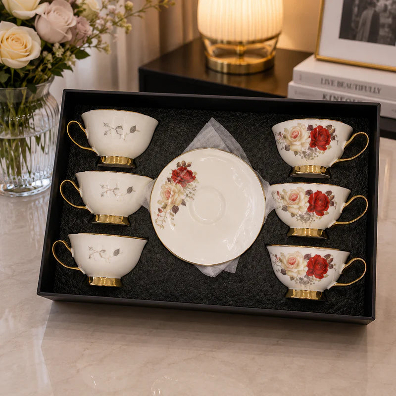 Crimson Rose Elegance Ceramic Coffee Set - 12Pcs