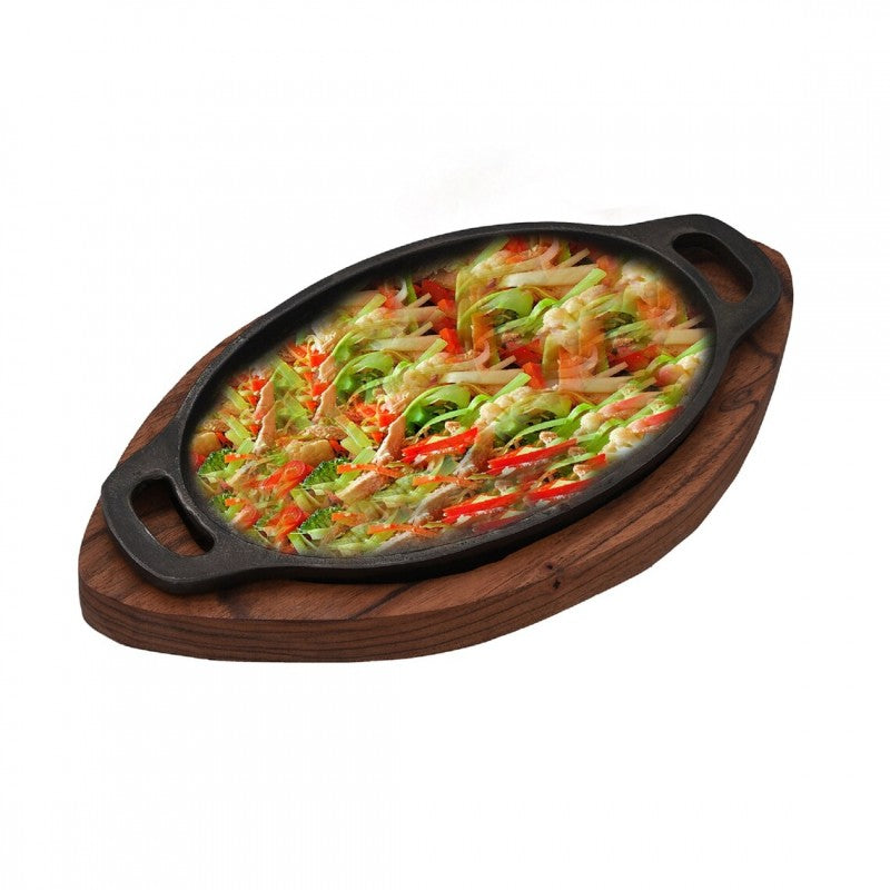 Cast Iron Oval Shape 8.5 Inch Seasoned Sizzler Plate With 1 Inch Wooden Base