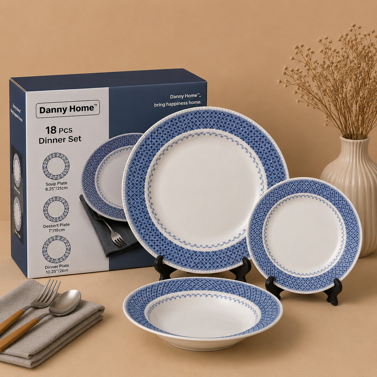 Danny Home™
Danny Home 18 Pcs Blue Crosshatch Dinner Set