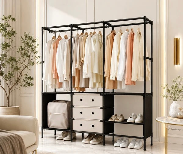 Triple Row Heavy-Duty Clothes Rack with Storage Shelves & Shoe Organizer – Multi-Functional Wardrobe Stand