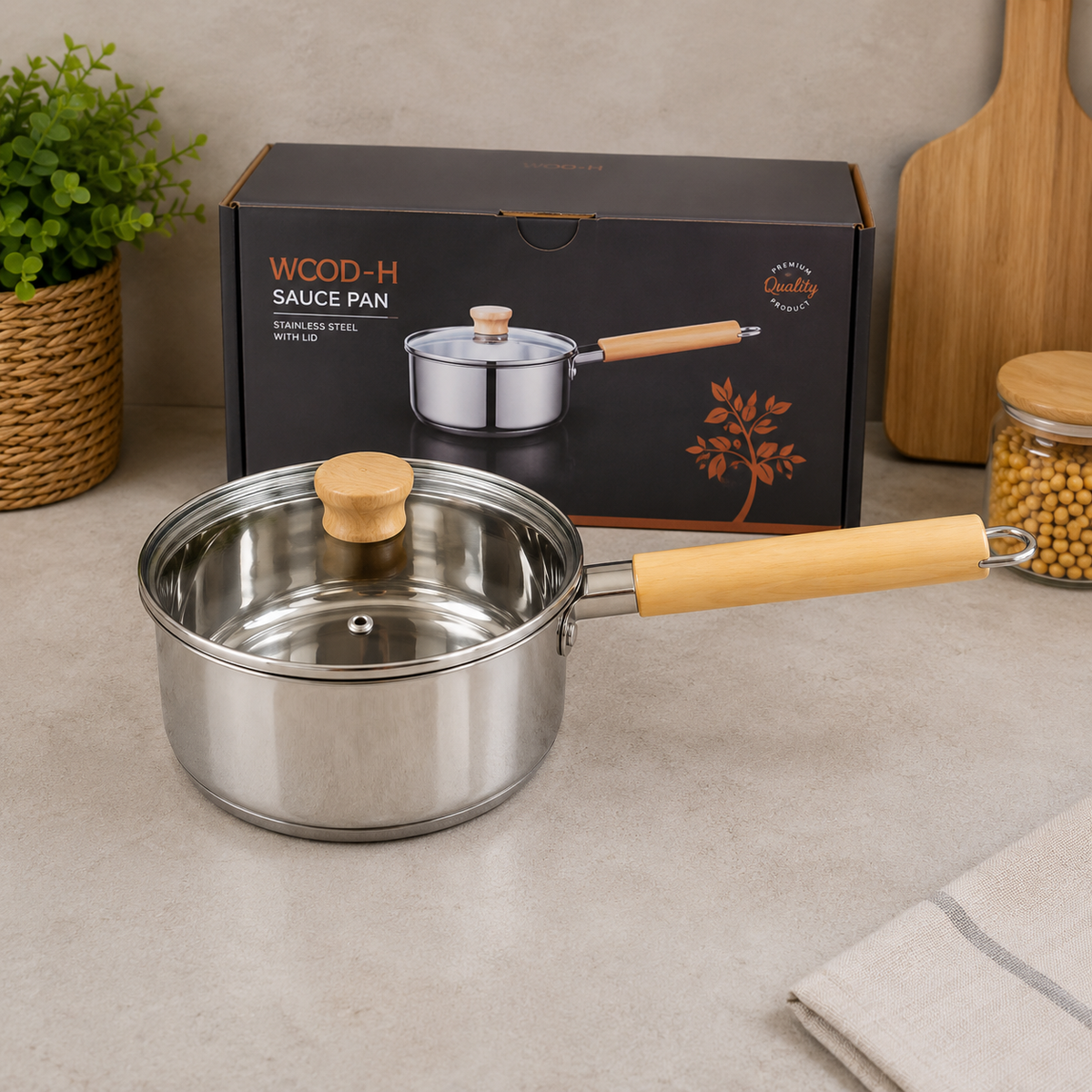 Premium Stainless Steel Sauce Pan With Wooden Handle – 18cm