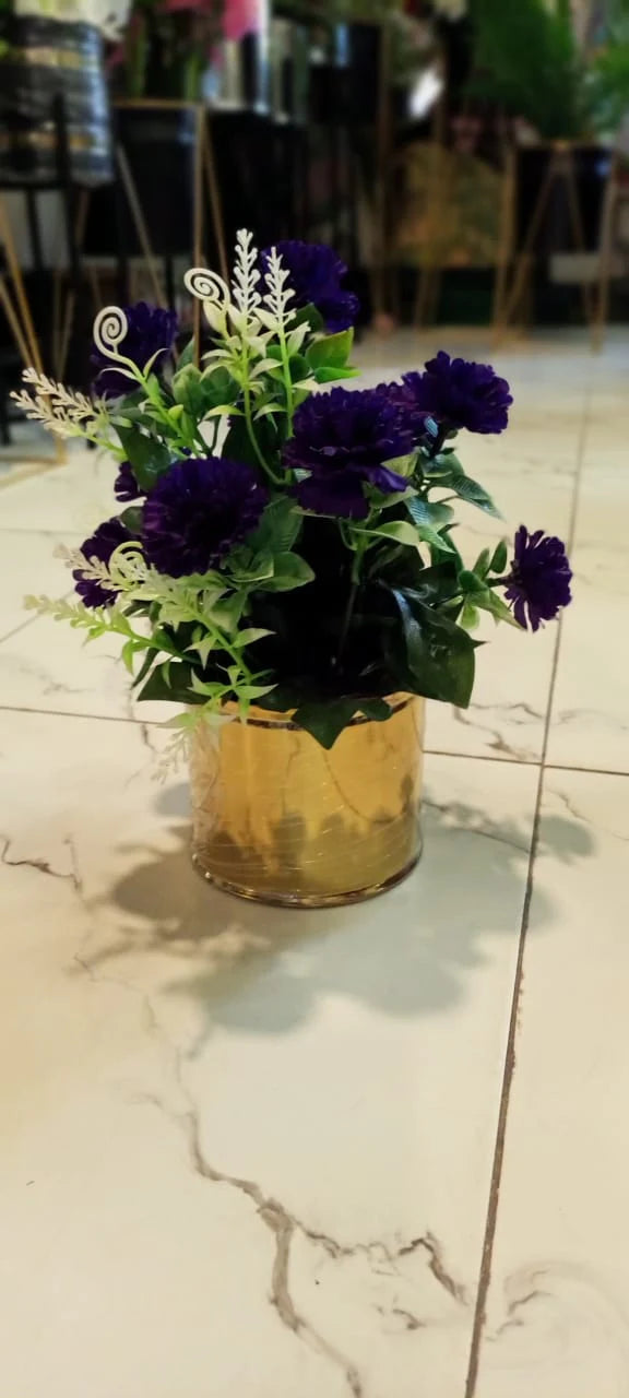Golden Floor Planter Pot Round with Purple Flowers