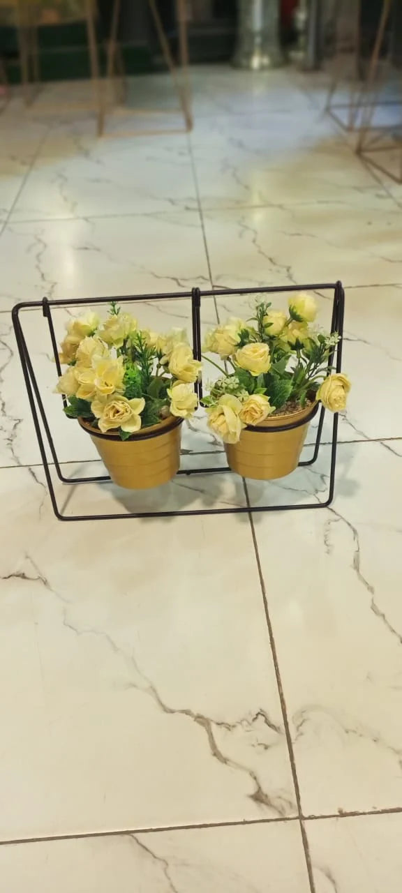Golden Metal Pot Double With Artificial Flower Arrangements