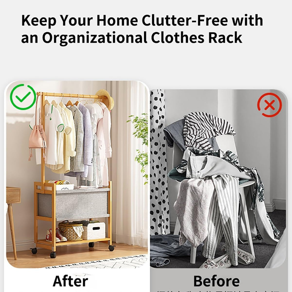 WOODEN COAT RACK STAND WITH FABRIC BASKET