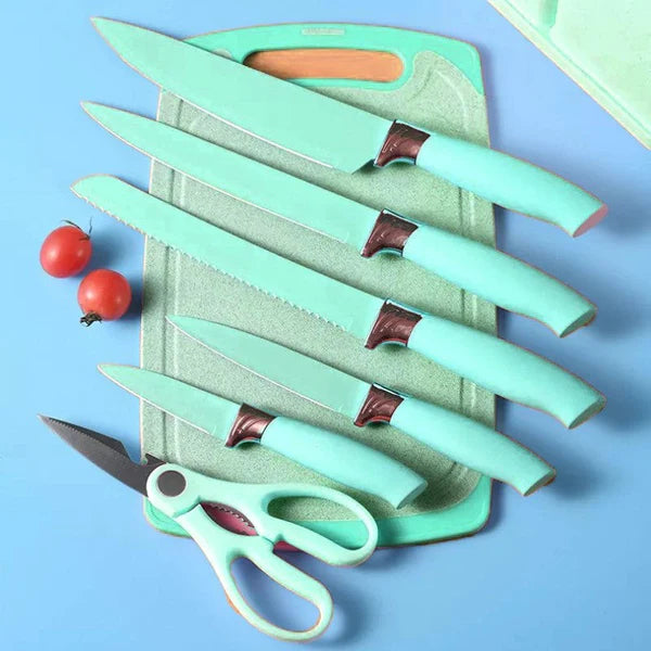 Kitchen Cooking Knife Set With Block, Holder & Cutting Board Premium Silicone Stainless Steel Coated Knives