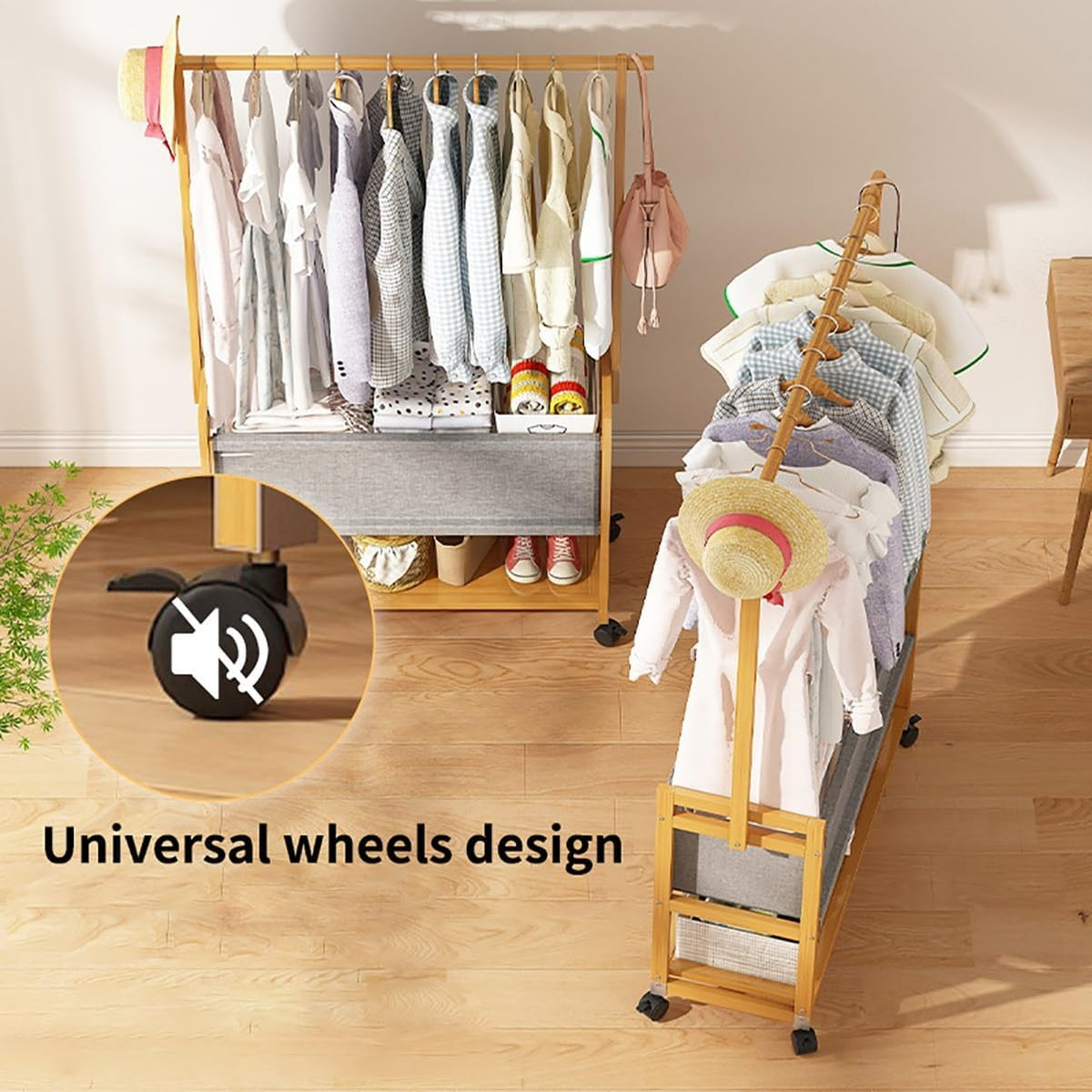 WOODEN COAT RACK STAND WITH FABRIC BASKET