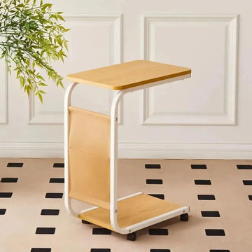 Portable Side Table With Storage Pocket & Rolling Wheels