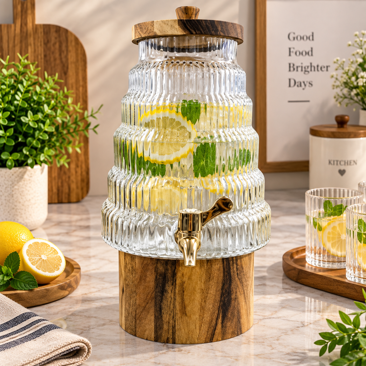 Premium Tiered Ribbed Glass Beverage Dispenser with Wooden Stand