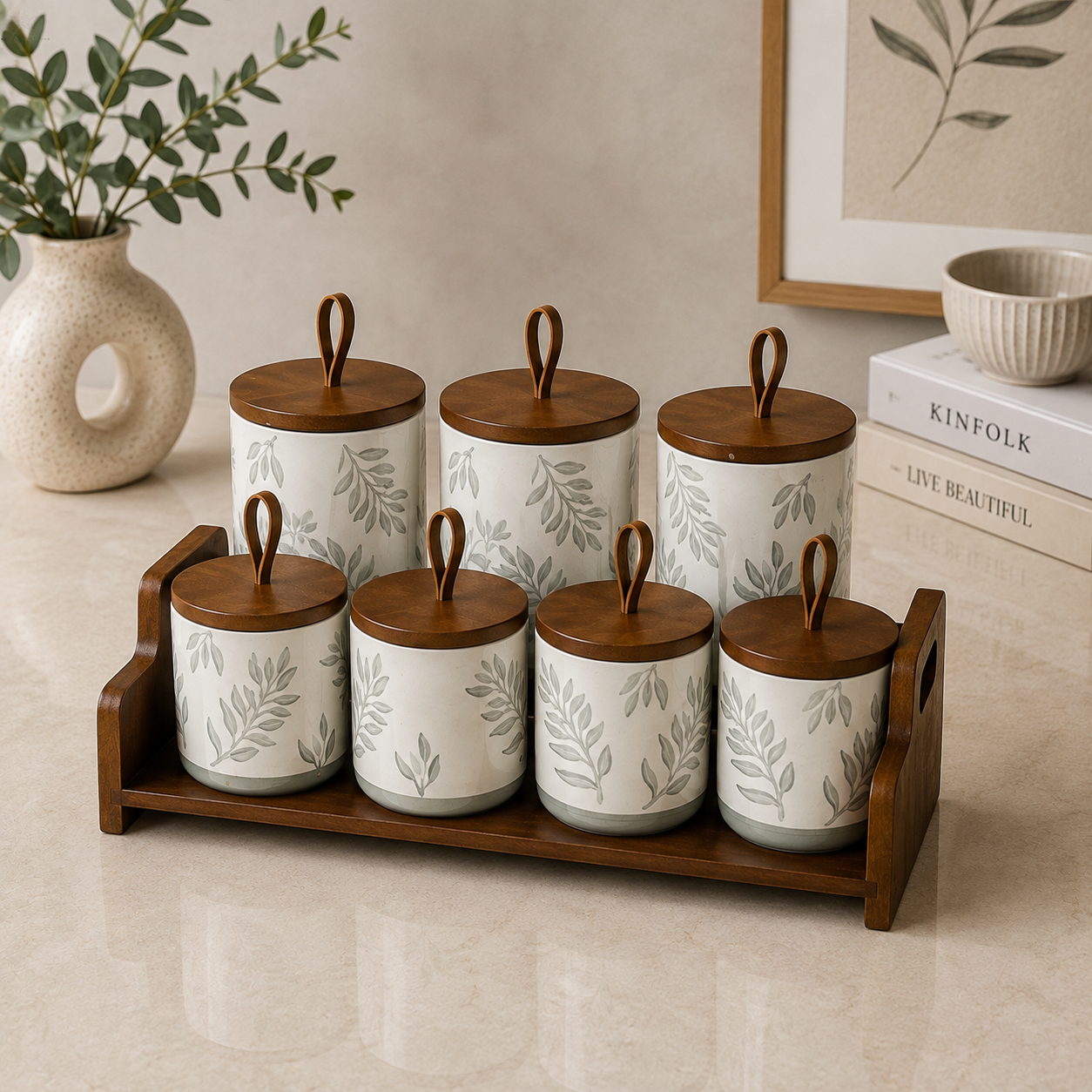 7 Pcs Leaf Pattern Ceramic Canister Set with Wooden Tray