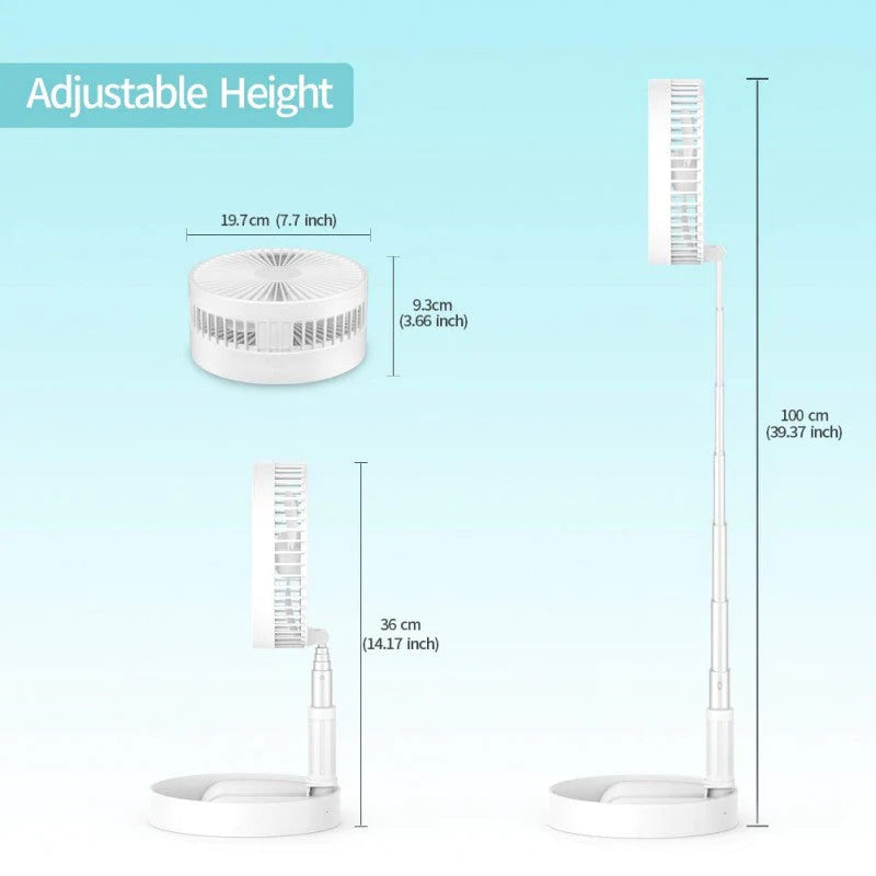 Folding Portable Telescopic Floor/Desk USB Fan With Rechargeable Battery 3 Speeds Adjustable Height