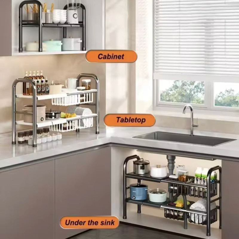 2 Tier Under Sink Organizer, Expandable Cabinet Shelf, Multifunctional Kitchen Organizer