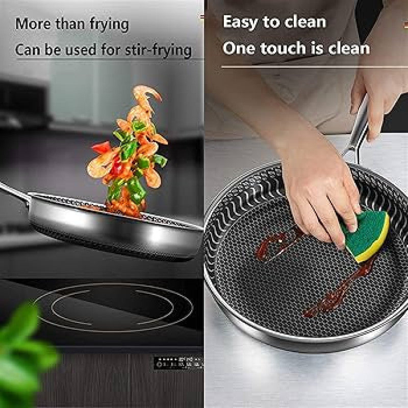 Stainless Steel Honey-Comb Laser Coated Frying Pan With Heavy Base