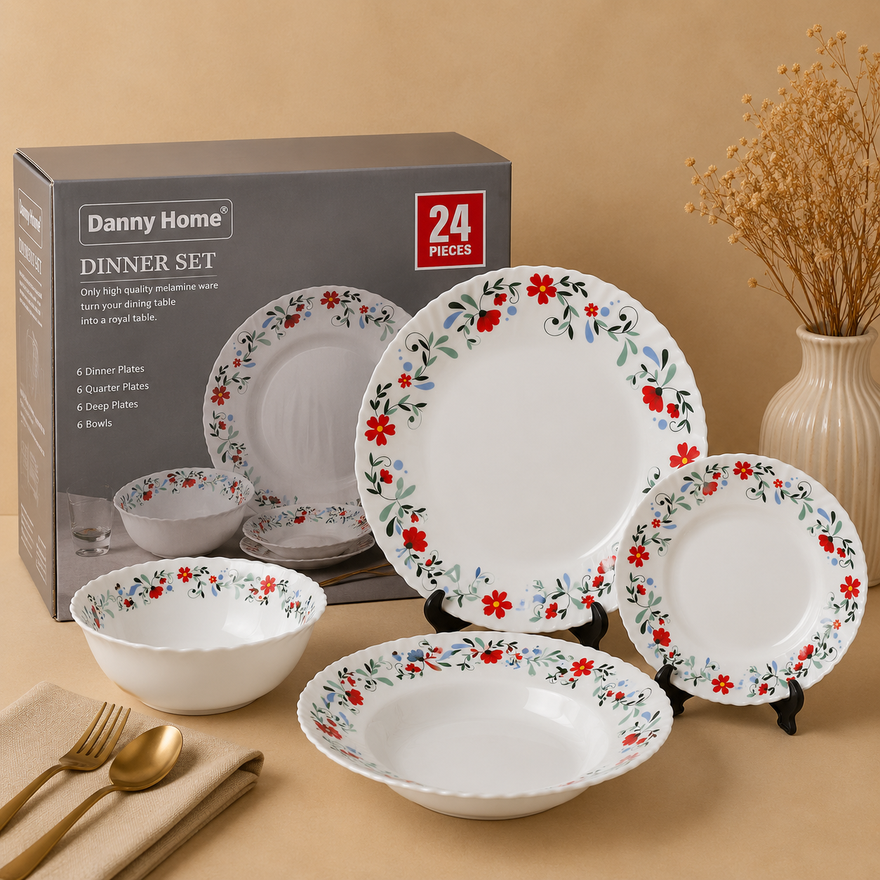 Danny Home™
Danny Home 24 Pcs Scarlet Blossom Dinner Set