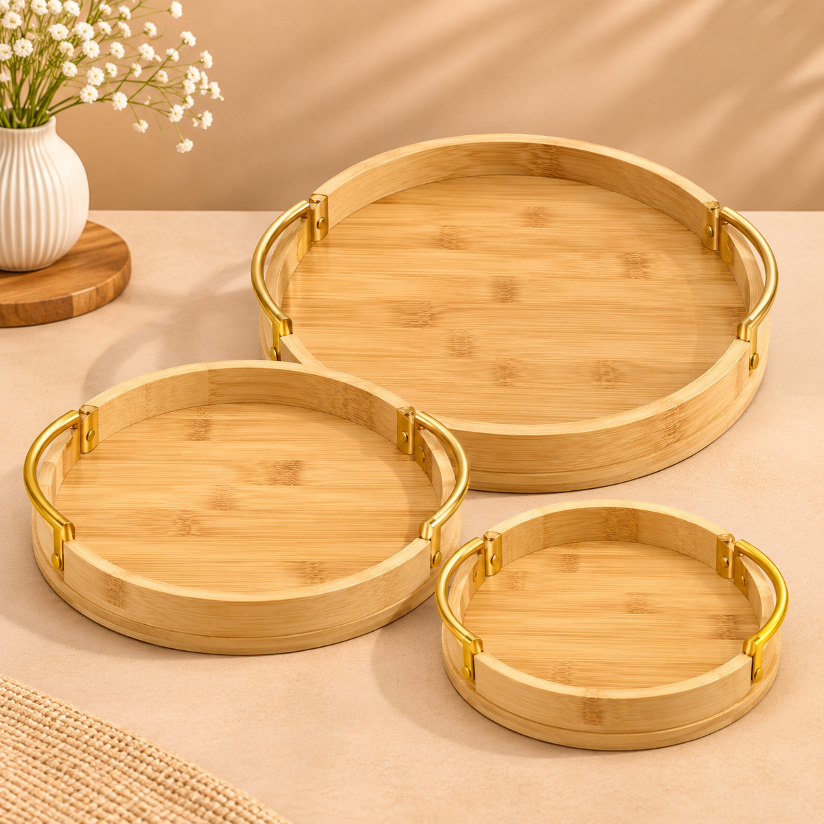 Luxe Bamboo Serving Tray Set with Gold Handles – 3 Pcs | Round