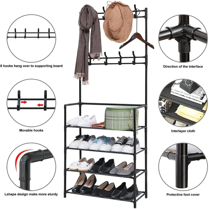 Multifunctional 4 Layers Shoe & Coat Rack, Metal Storage Rack