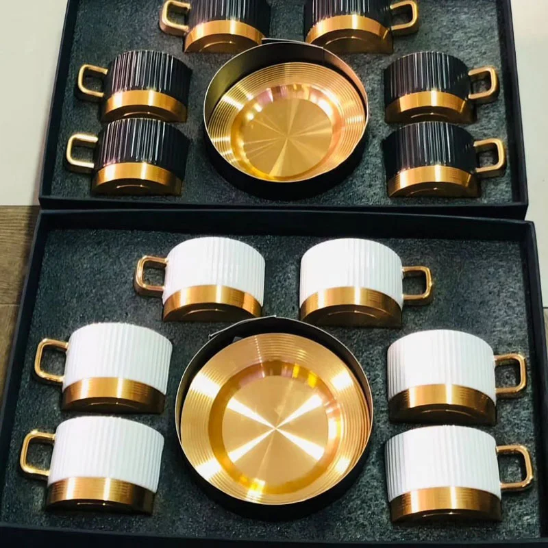 Striped Coffee & Tea Cup Set With Metal Saucer – Set Of 6 | Elegant Gift Set |