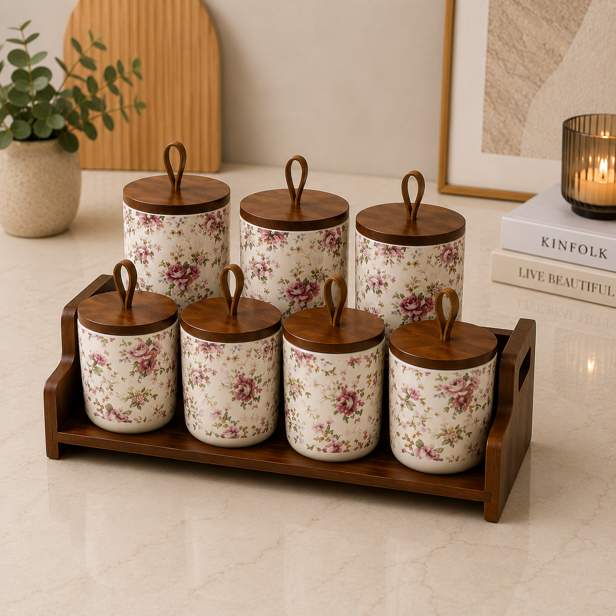 7 Pcs Floral Ceramic Canister Set with Wooden Tray