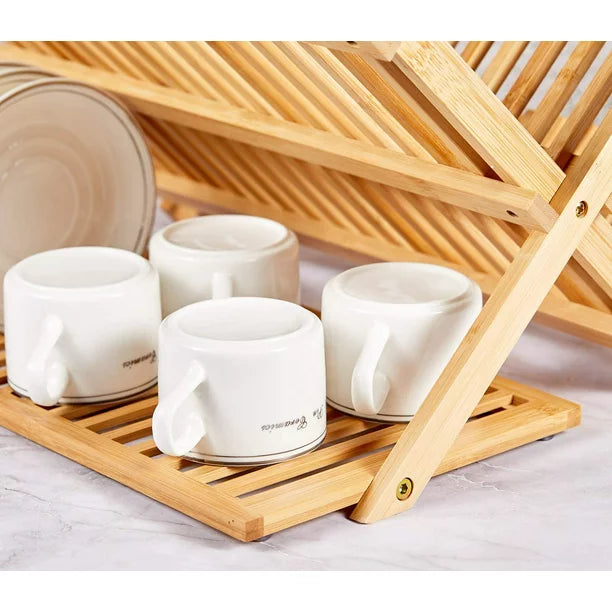 Foldable Bamboo Dish Drying Rack Holder - Wooden Flatware Dish Rack