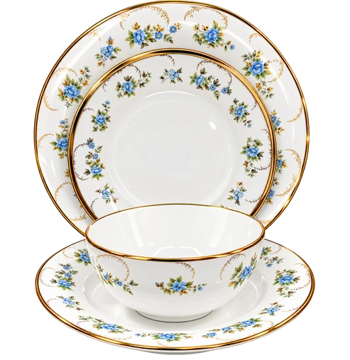 Premium Porcelain 24-Piece Dinner Set for 6 Persons – Blue Floral & Gold