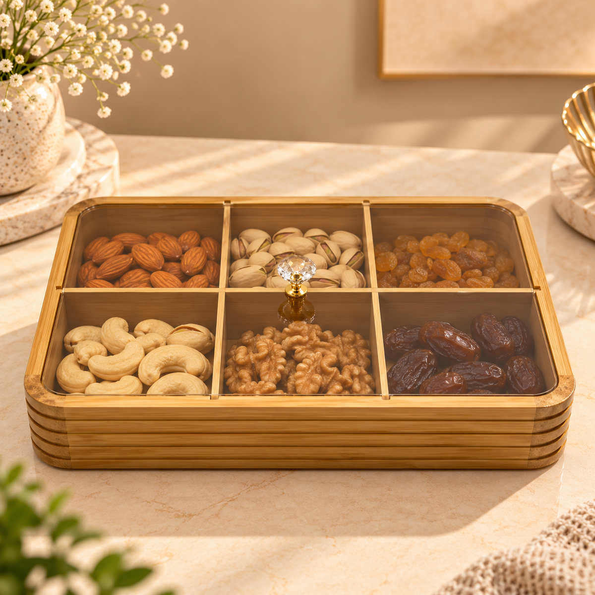 Premium Bamboo Dry Fruit Box with Plastic Lid – 6 Compartments | Natural