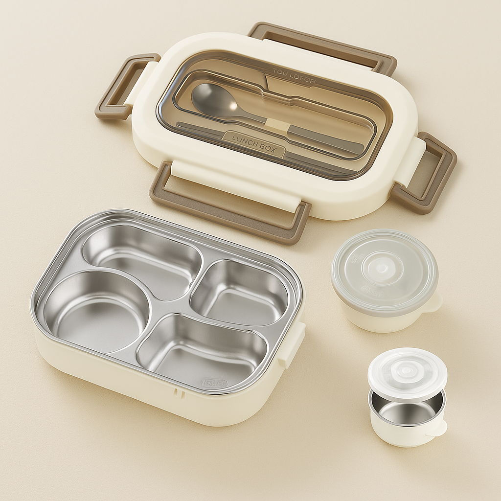 4-Compartment Thermal Lunch Box with Bowl, Spoon & Fork