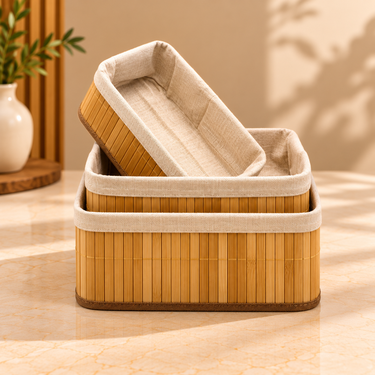 Luxe Bamboo Storage Basket Set – 3 Pcs | Rectangle