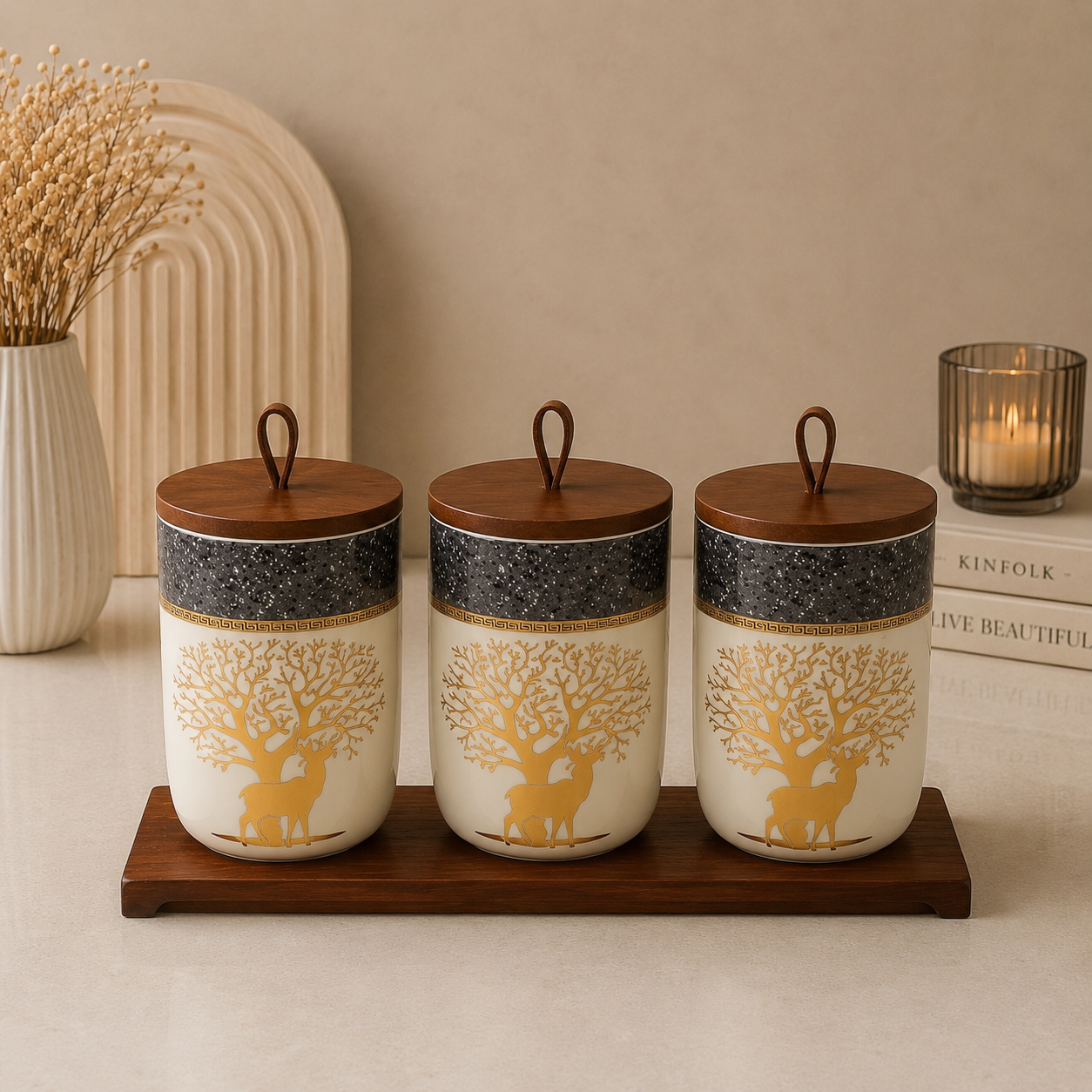 3 Pcs Golden Deer Ceramic Canister Set with Wooden Tray