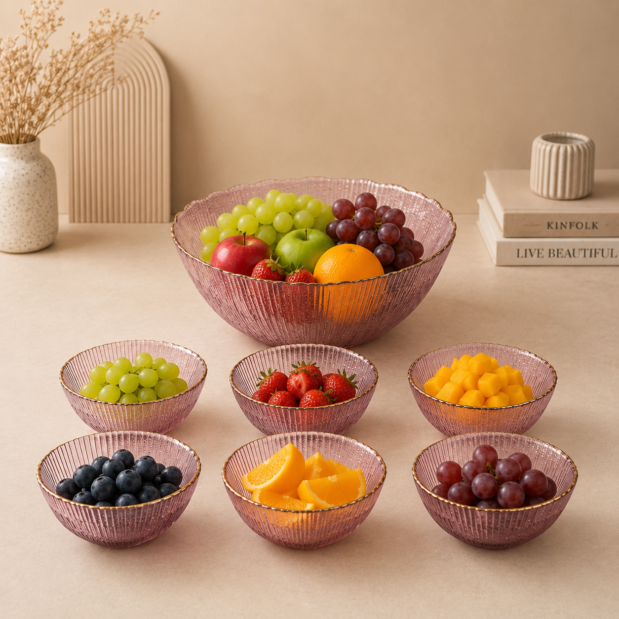 7 Pcs Purple Ribbed Glass Fruit Bowl Set