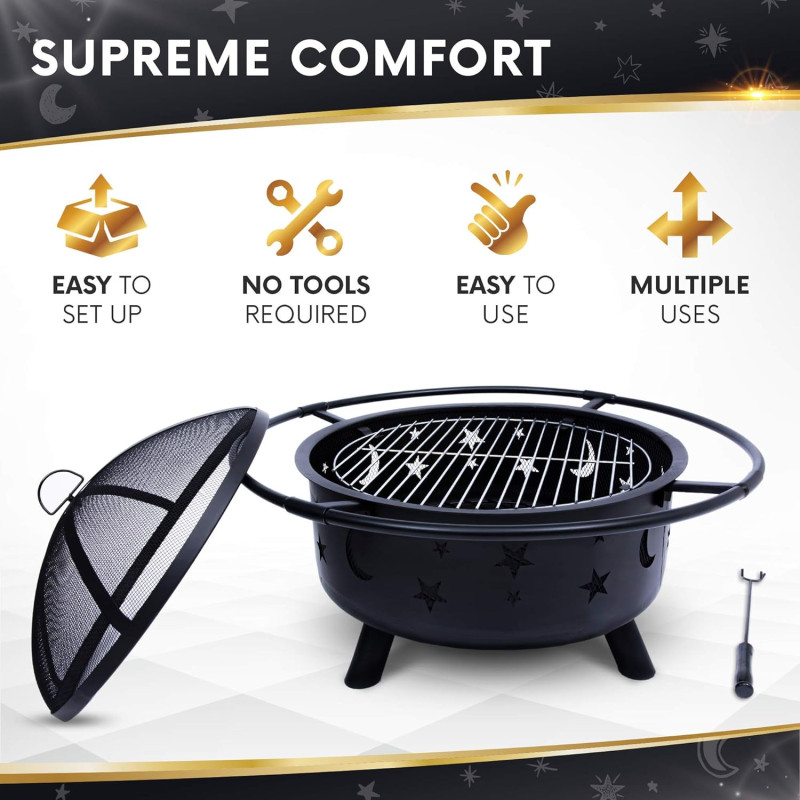 Round Bonfire Wood Burning Patio & Backyard Firepit For Cooking BBQ Grill