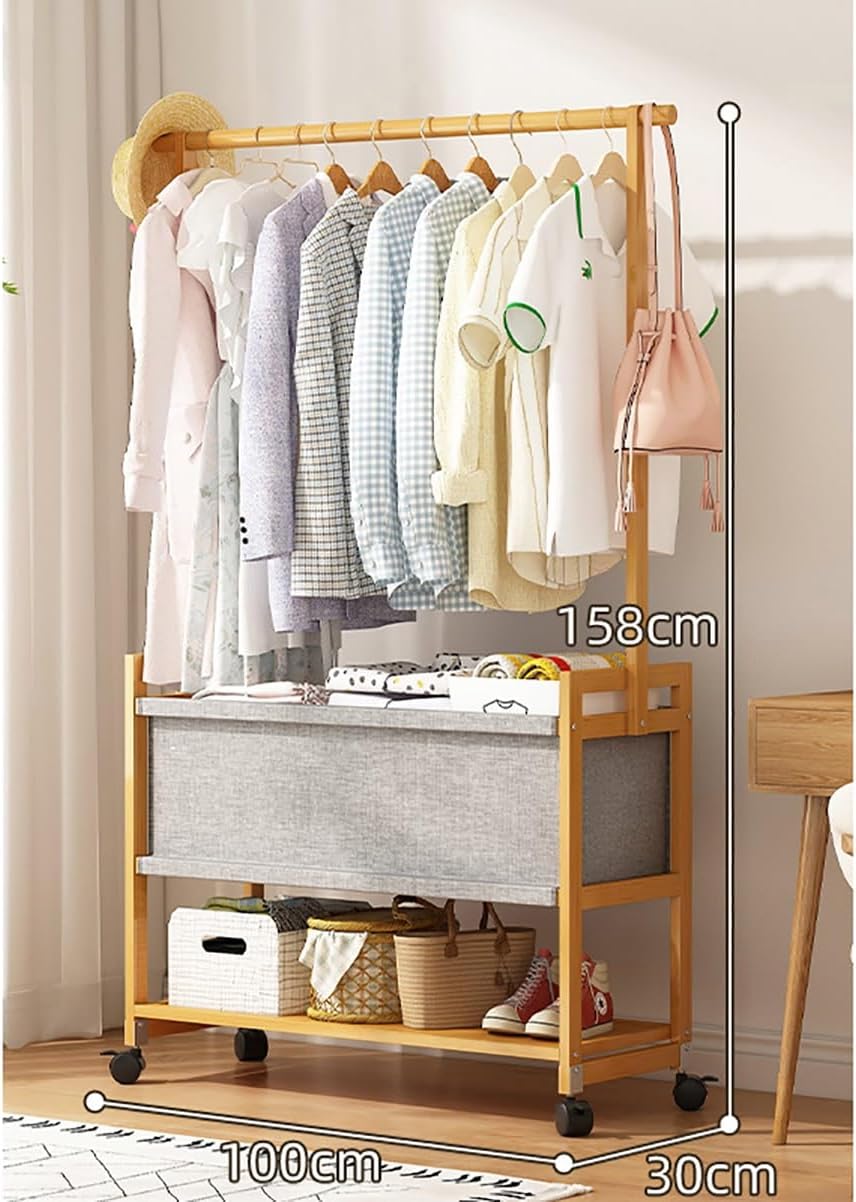 WOODEN COAT RACK STAND WITH FABRIC BASKET
