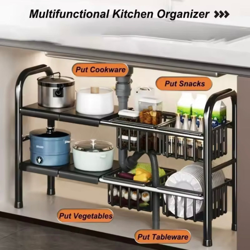 2 Tier Under Sink Organizer, Expandable Cabinet Shelf, Multifunctional Kitchen Organizer