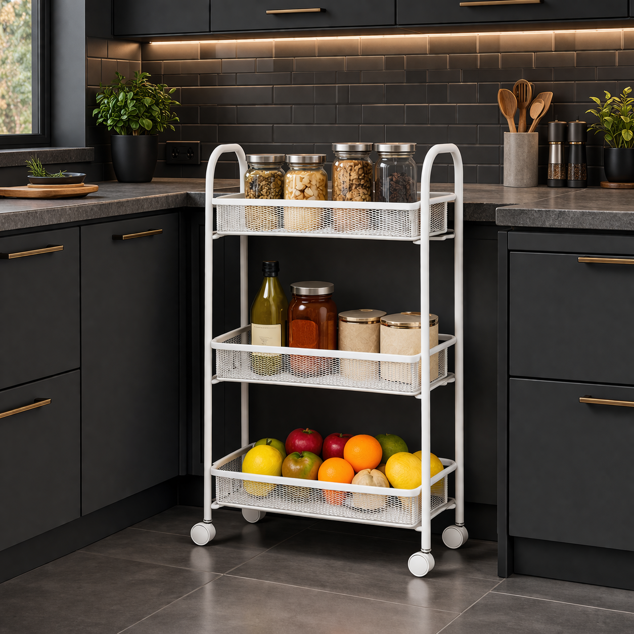 Danny Home 3-Tier Metal Kitchen Storage Trolley with Wheels (White)