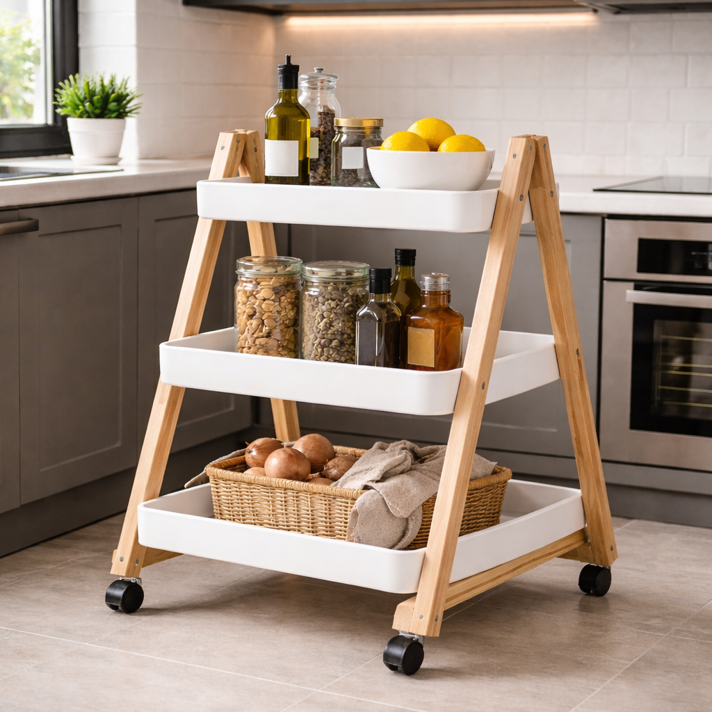 Danny Home Foldable Wooden 3-Tier Storage Trolley with Wheels