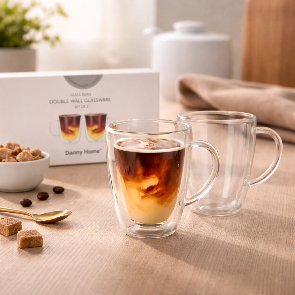 Danny Home Double Walled Glass Mug with Handle 350ml - 2Pcs Set