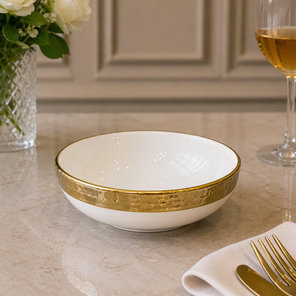 Brilliant Elegant 5.5-Inch White Ceramic Bowl with Gold Rim