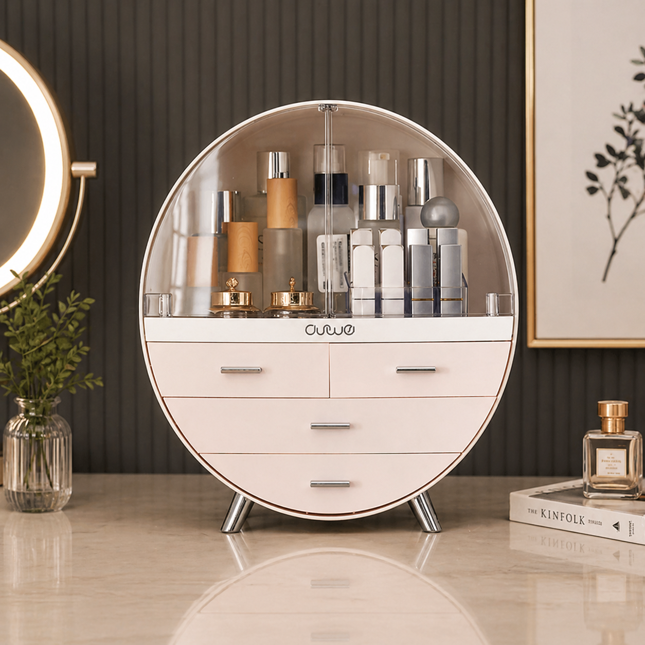 Luxury Oval Dustproof Makeup Organizer with Drawers
