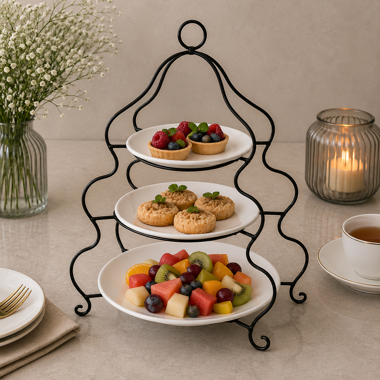 Brilliant 3-Tier Serving Stand with Ceramic Plates