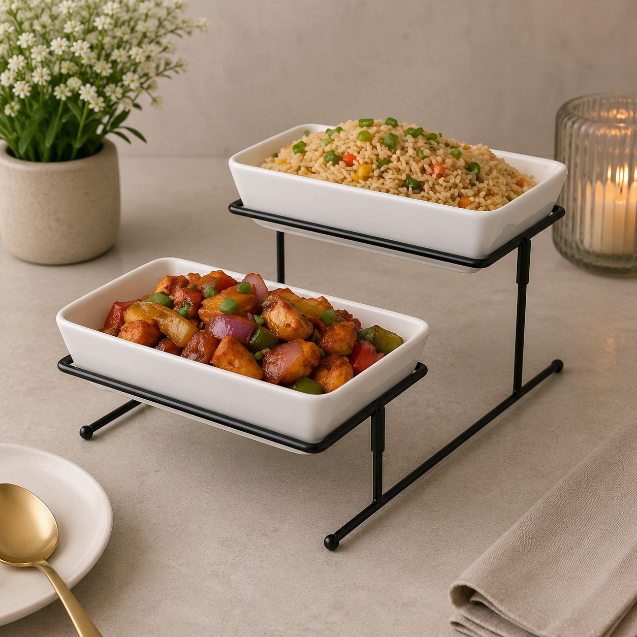 Brilliant 2-Tier Rectangular Serving Stand with Ceramic Dishes