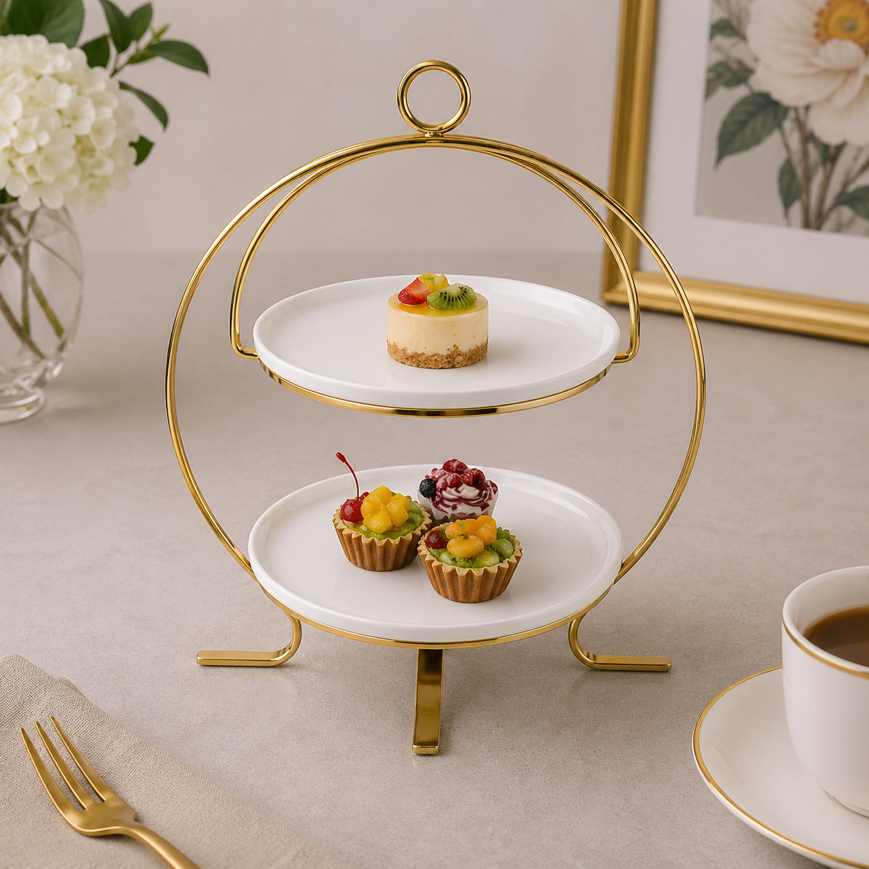 Brilliant 2-Tier 8.25-Inch Round Serving Stand with Ceramic Plates