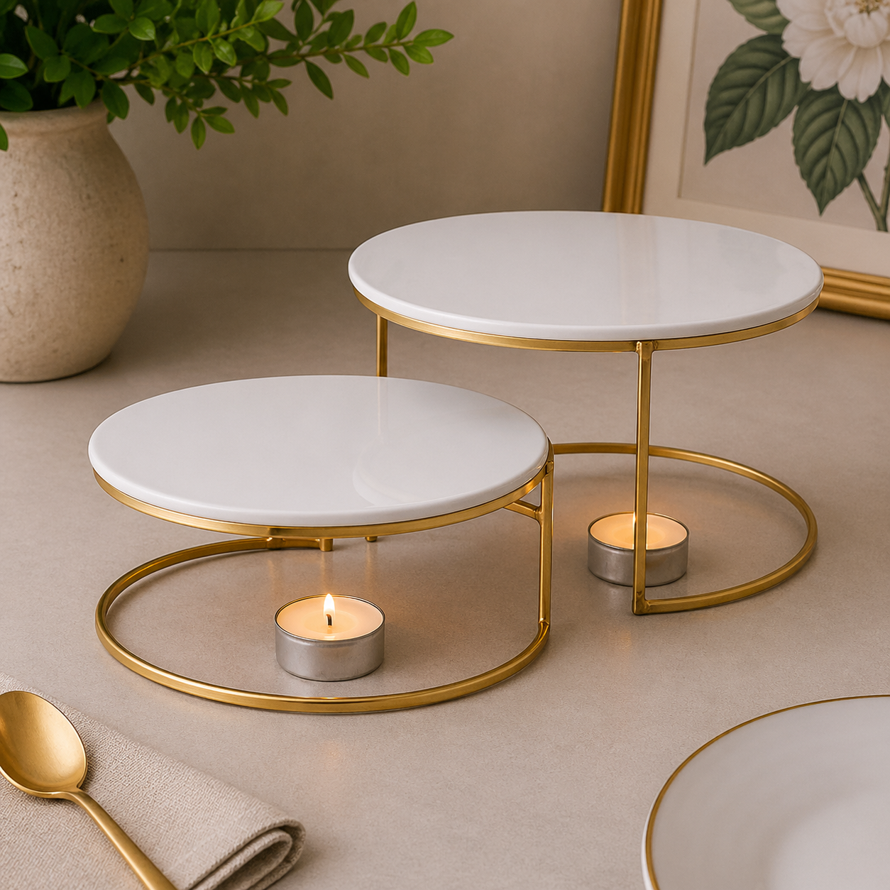 Brilliant 11-Inch Oval Ceramic Serving Plates with Gold Metal Stand & Candle Base