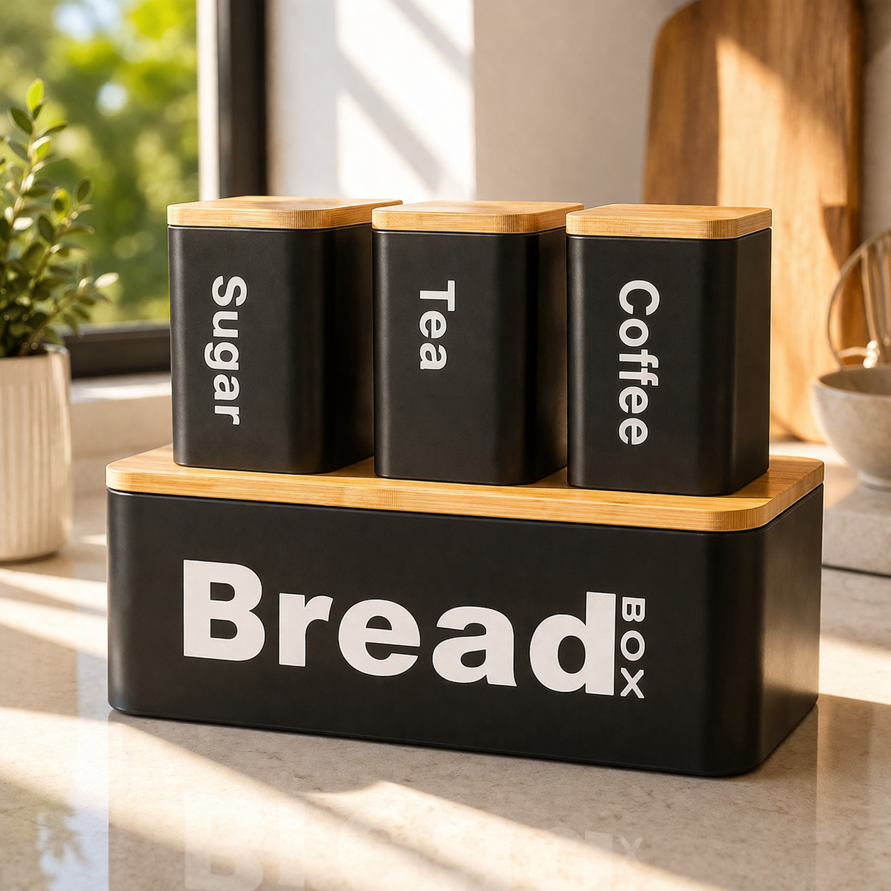 Premium Metal Kitchen Storage Set with Bread Box – 4 Pcs (Coffee, Tea, Sugar Jars)