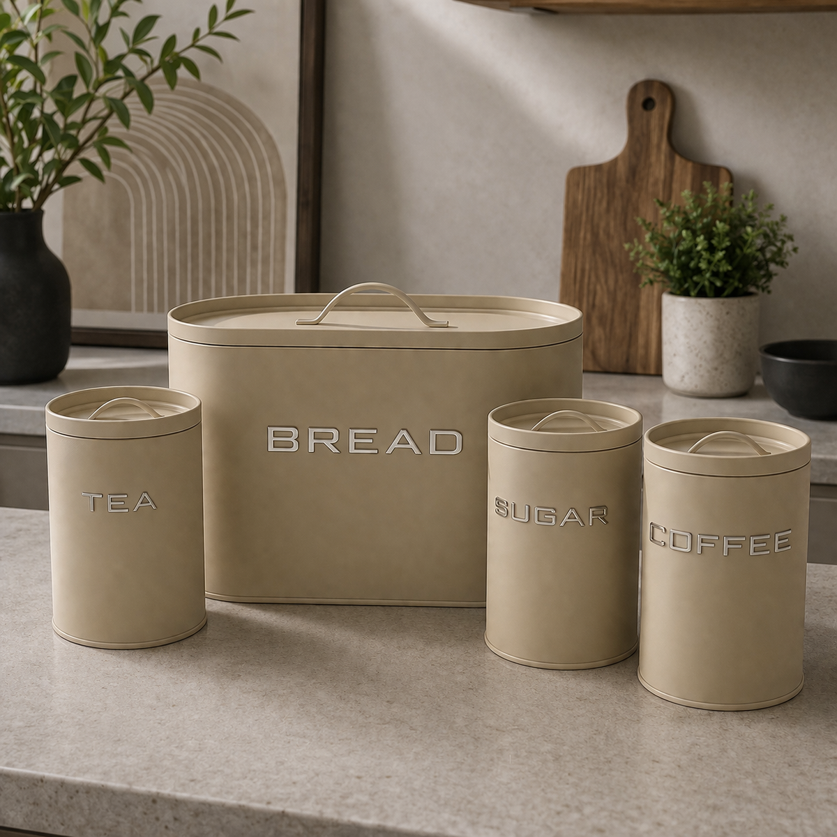 Elegant Metal Bread Box & Canister Set – 4 Pcs (Tea, Sugar, Coffee)
