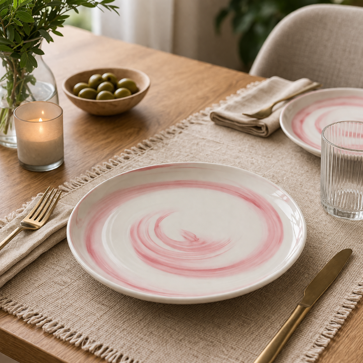 Danny Home Elegant 10" Ceramic Dinner Plate – Modern Pink Swirl Design