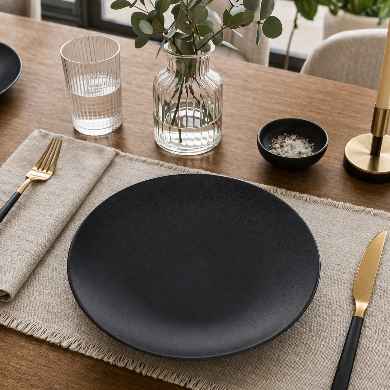 Danny Home Premium 10.5" Flat Porcelain Plate – Matte Black Modern Series