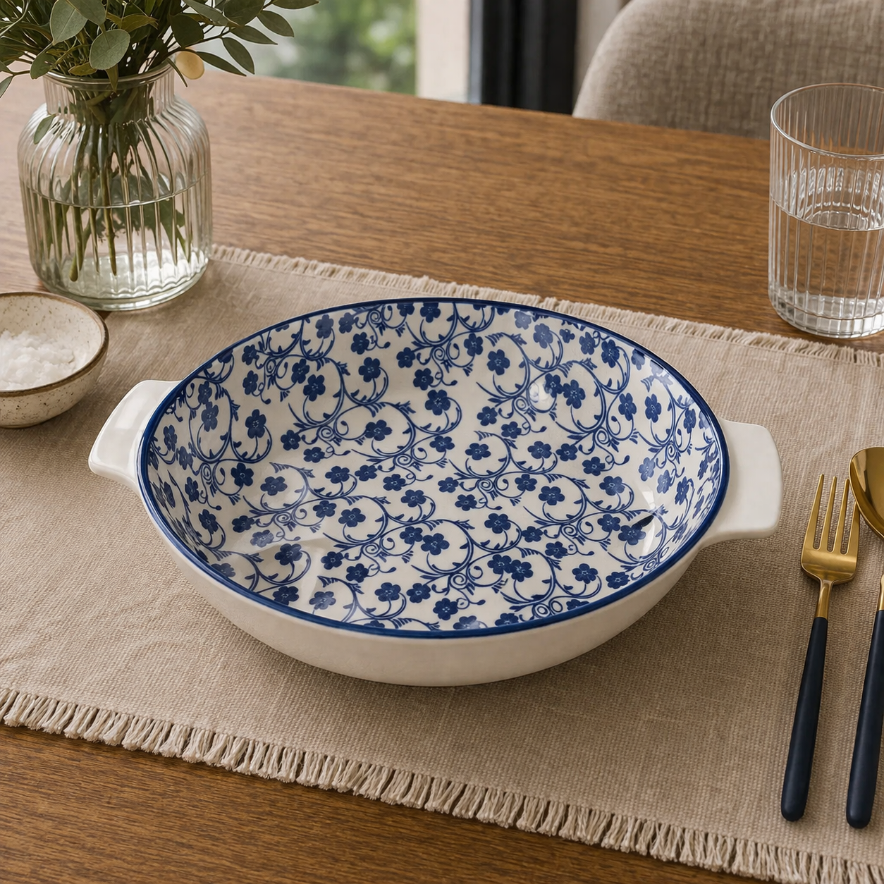 Danny Home Premium 11" Round Porcelain Bowl – Blue Flower Classic Design